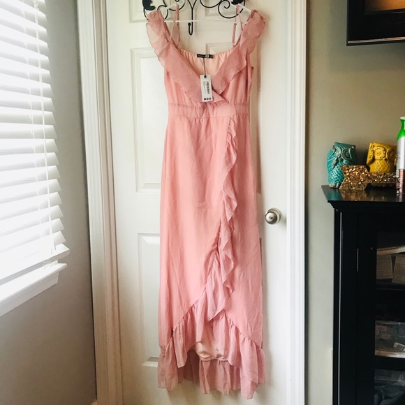 Boohoo Chiffon Maxi Ruffle Dress Blush New - Picture 2 of 8